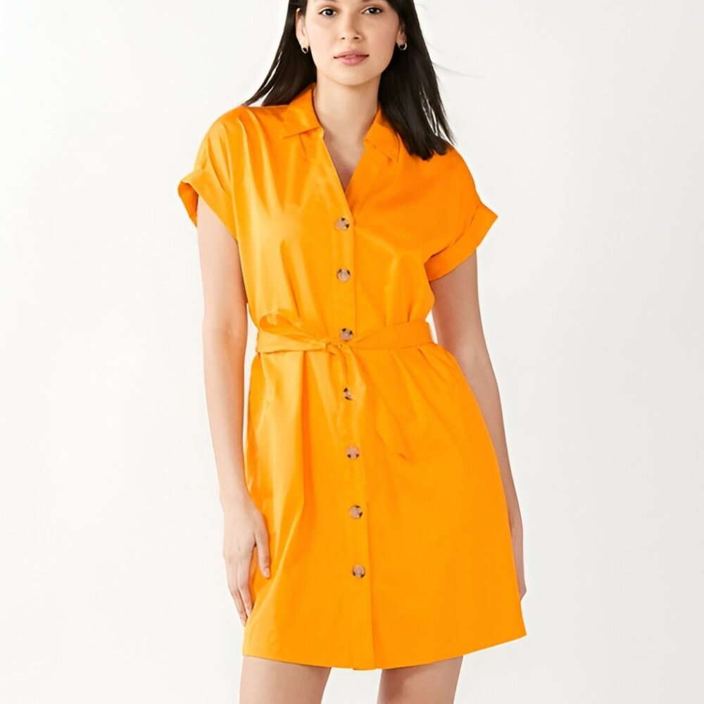 NWT Nine West Sunset Yellow Orange Button Down Tie Shirt Shift Mini Dress XS